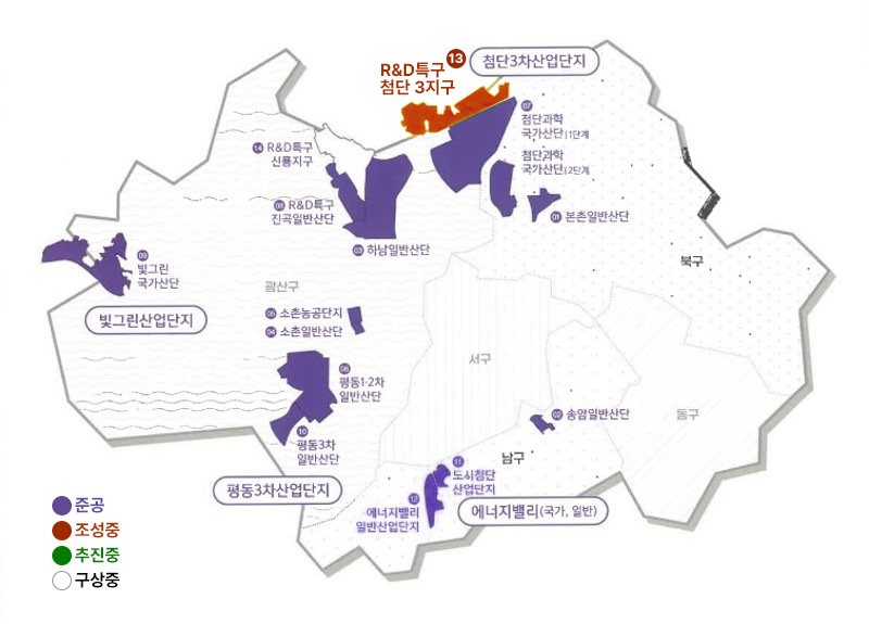 광주광역시 산업단지 분포도. 첨단3차산업단지, 평동3차산업단지, 빛그린산단, 에너지밸리 등 주요 산업단지의 위치와 조성 단계 현황을 표시한 지도.