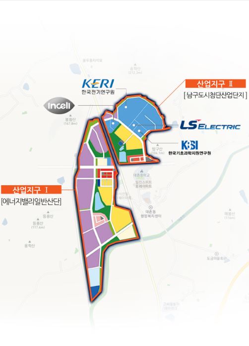 스마트에너지 산업지구 토지이용현황. 산업지구Ⅰ(에너지밸리 일반산단)과 산업지구Ⅱ(남구 도시첨단산단)의 범위와 주요 입주 기관 위치를 표시한 지도.